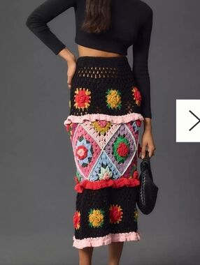 O CeliaB By Anthropology Crochet Midi Skirt with Multicolored Floral Motifs